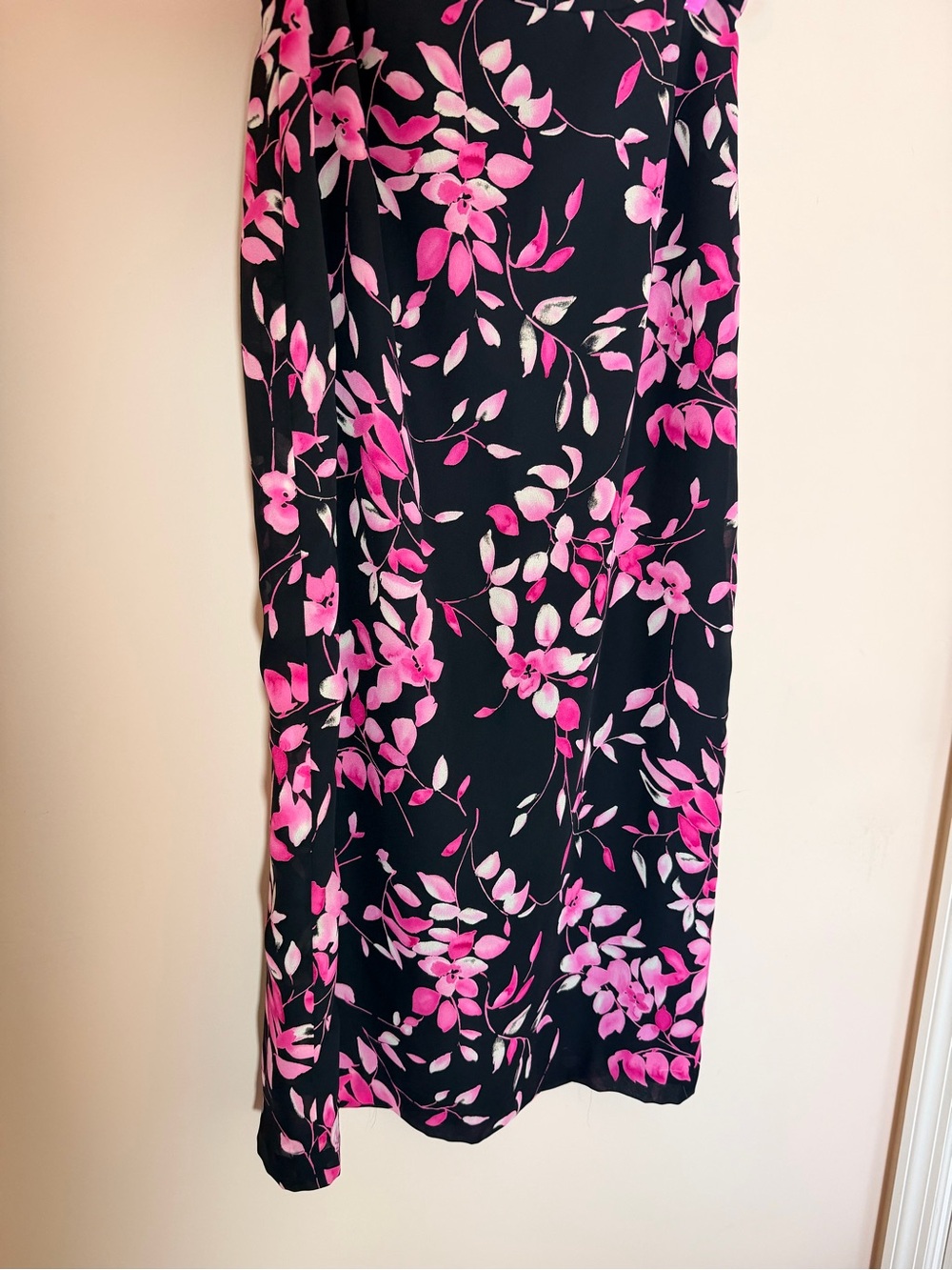 90s Black Floral Midi Skirt with Pink Blossom Print